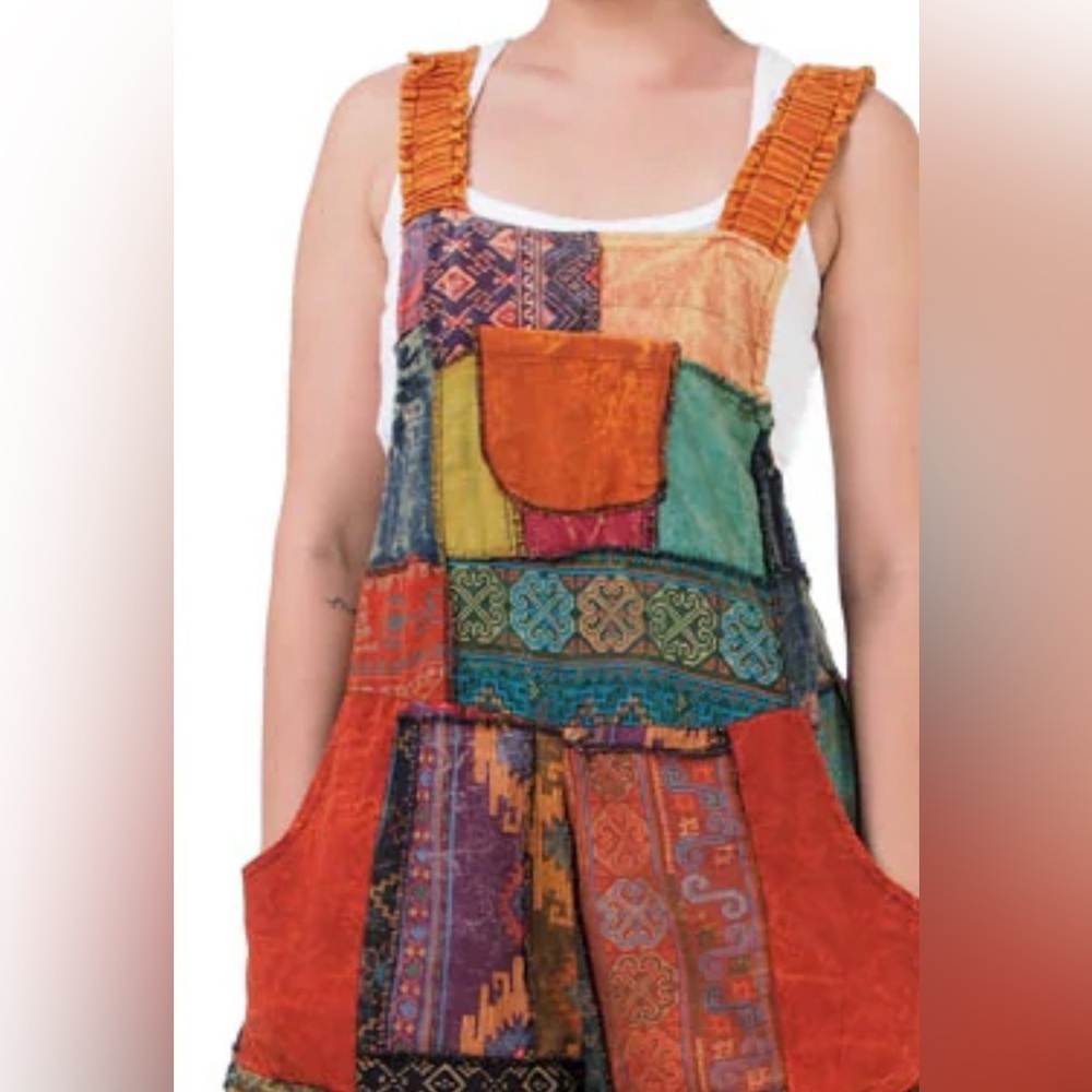 Handmade Bohemian Multi Color Wide-Leg Patchwork Cotton Jumpsuit size Medium - Picture 4 of 11
